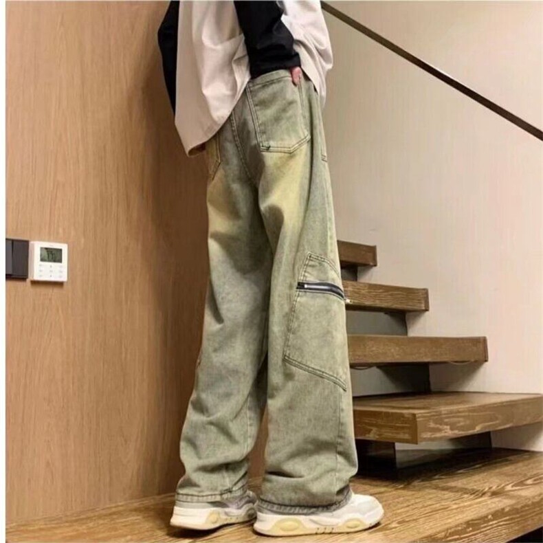 网图美式复古工装牛仔裤男黄泥色p高街潮牌拉链直筒裤子N105-P52图片