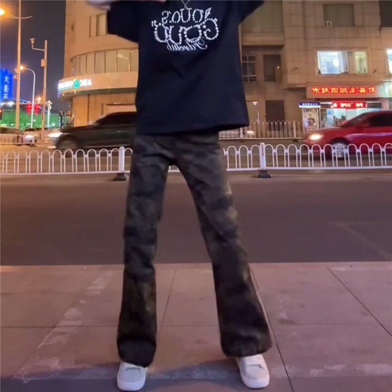 2132-P35文艺流行新款百搭潮流时尚日系慵懒迷彩色牛仔长裤,男装休闲裤,电商B323A
