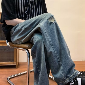 新款高街美式复古直筒宽松水洗破洞牛仔裤潮牌男女休闲裤8810-p45图片