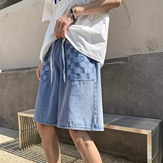 牛仔短裤男夏季新款高街ins潮牌宽松5五分裤美式复古潮牌格子裤子，男装牛仔裤，星座601-2