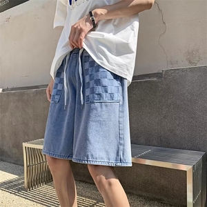 牛仔短裤男夏季新款高街ins潮牌宽松5五分裤美式复古潮牌格子裤子图片