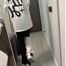 美式vibe高街黑白拼接撞色牛仔裤男女新款显瘦破洞宽松直筒长裤子，男装牛仔裤，星座506A