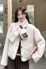 韩系减龄短款羊羔毛棉服外套女2025冬季新款显瘦保暖围脖毛毛上衣，女装短外套，慧尚依恋