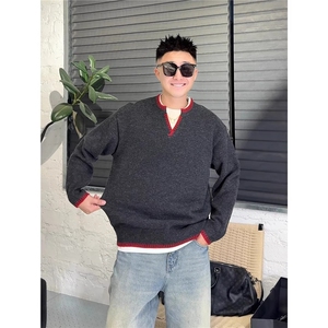 冬季新款绵羊毛V领拼色假两件毛衣软糯加厚风设计感针织衫男,男装针织衫/毛衣,星座506A