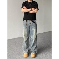 美式复古水洗弯刀牛仔裤男女宽松设计休闲裤潮NA1607-P50，男装牛仔裤，星座208-5