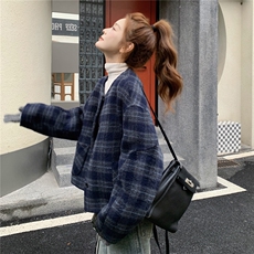 韩系蓝色格子双面呢羊毛外套女秋冬2025新款时髦减龄绝美短款大衣，女装毛呢外套，2B237
