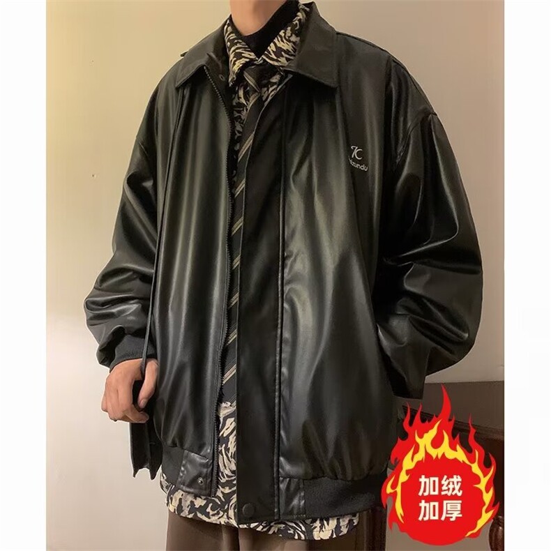 高级感PU皮衣夹克加绒痞帅机车美式韩版美拉德风外套Y1011P85网图图片