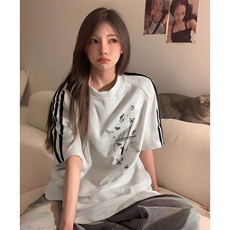 抖音得物品质二开240克宽松纯棉美式潮牌印花三条杠中性风短袖T恤，男装T恤，电商A486