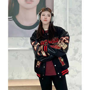 新款刺绣拼皮棒球服欧美男女青少年街头时尚夹克外套 JK45图片