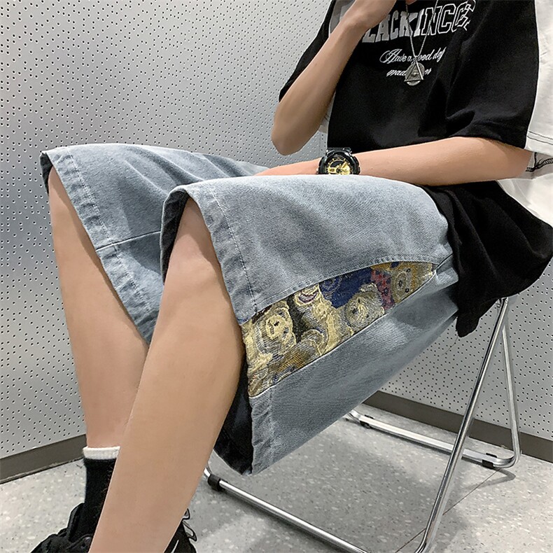 牛仔短裤男夏季港风高街水洗拼接五分裤子潮流insXD22963-P45,男装牛仔裤,电商A042