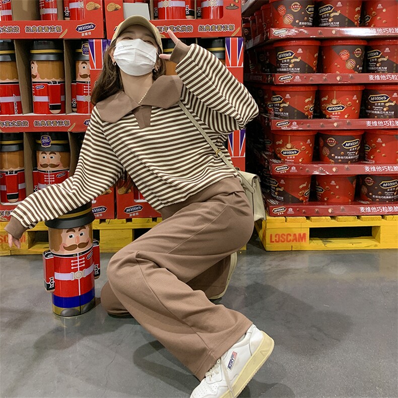 23新品海军领条纹卫衣+休闲阔腿裤两件套,女装运动套装,菡迪欧娜