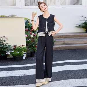 欧洲站时尚蕾丝拼接牛仔套装女2025年夏季新款小香风阔腿裤两件套图片