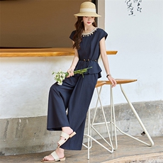 2025年夏季新款圆领时尚气质短袖上衣阔腿裤两件套，女装套装/套裙，天丝秀