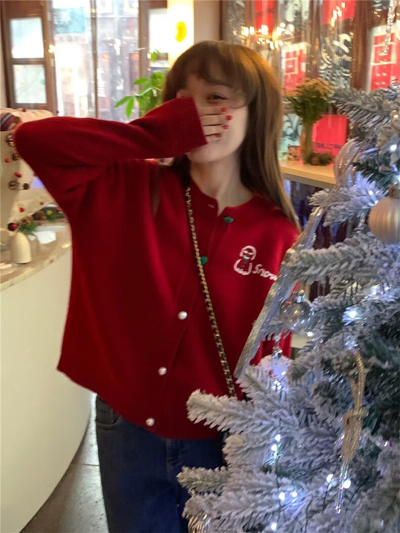 雪人刺绣女开衫2025秋冬潮流针织常规通勤圣诞，女装针织衫/毛衣，美莎羊绒