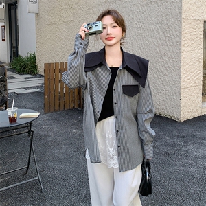 设计感拼接海军领条纹衬衫女2025秋季新款时尚宽松休闲小个子上衣图片