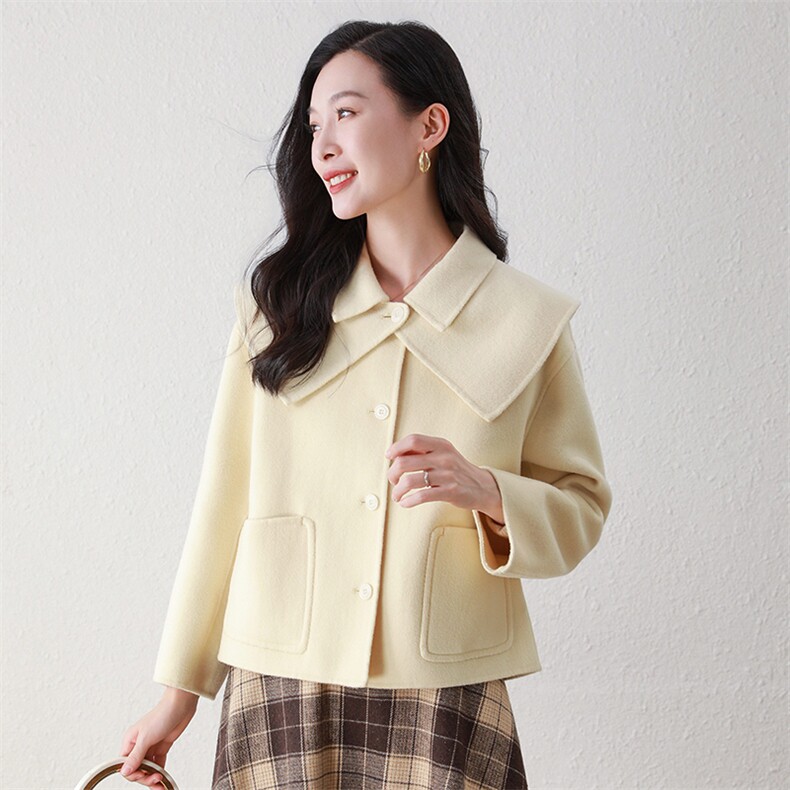 时尚百搭短款娃娃领双面羊毛大衣优雅显瘦温暖舒适，女装双面呢大衣，阿舍尔精品