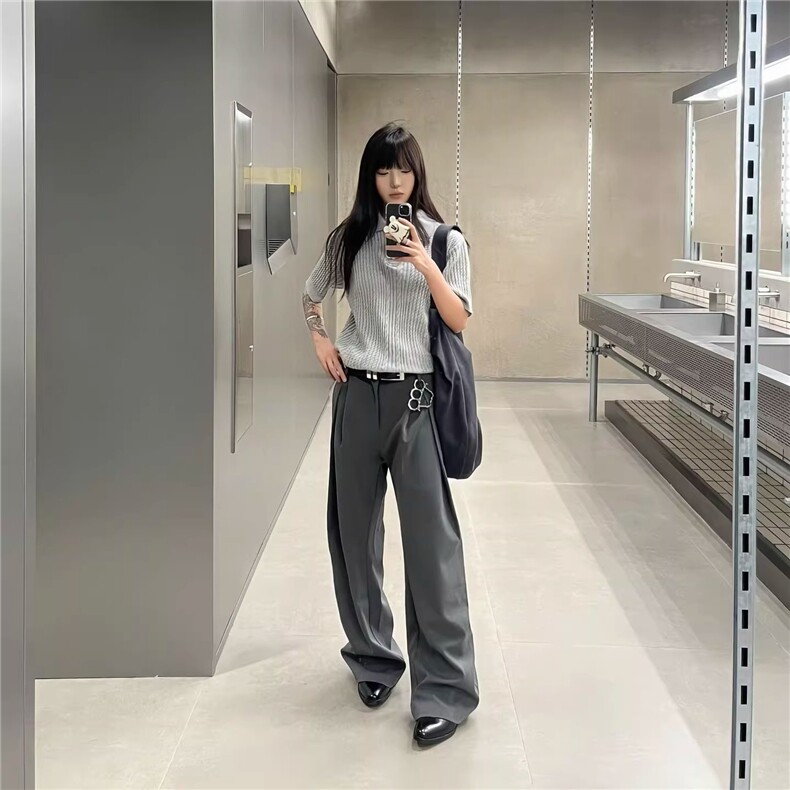 韩春夏立体工字褶A字廓形弯刀TR西裤通勤cleanfit休闲裤男女款,男装西裤,星座1210-1