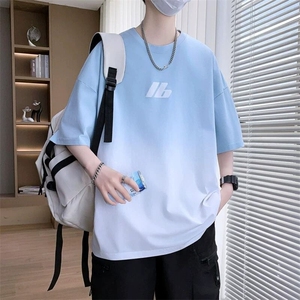 渐变色字母印花短袖t恤男夏季2025新款青少年圆领潮牌半袖上衣服图片