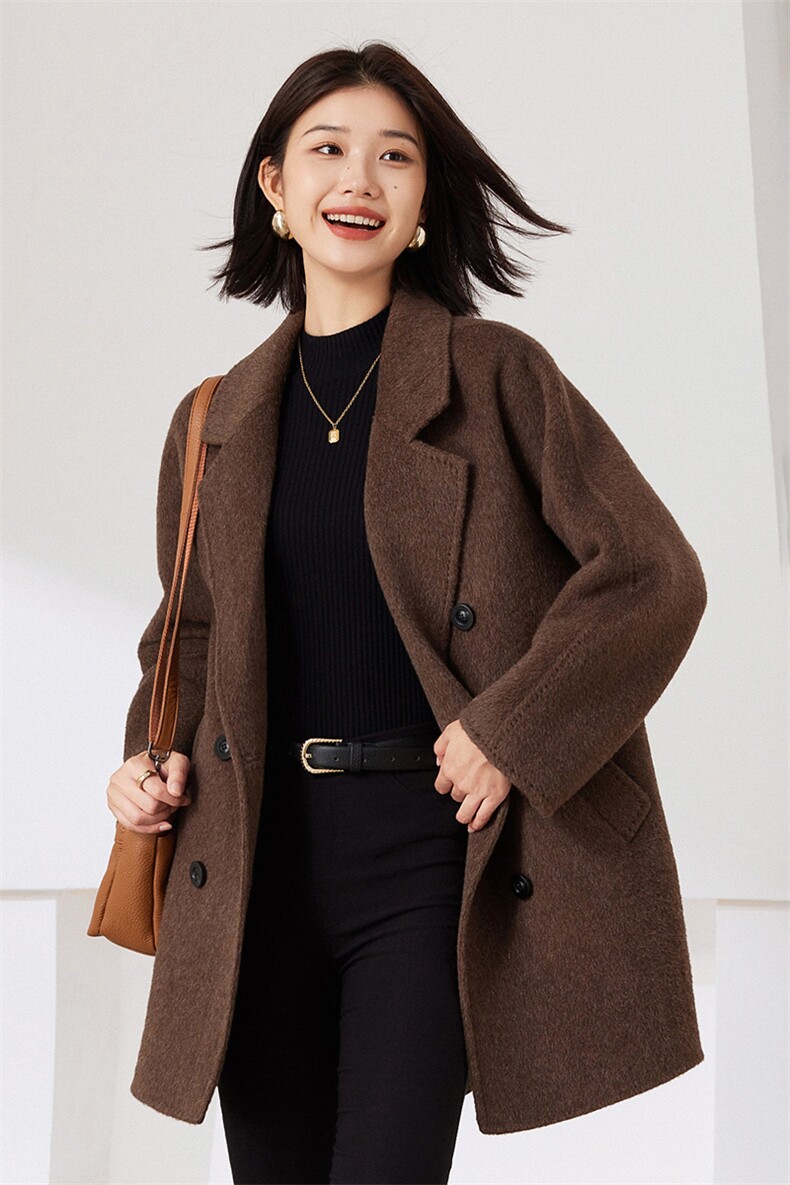 中短款双排扣2024年秋冬季新款针织羊毛双面呢大衣女士,女装双面呢大衣,织美生