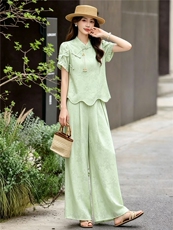 现货新中式风套装女2026夏季新款提花波浪边上衣阔腿裙裤两件套，女装套装/套裙，艾仟回(原伊仟回)