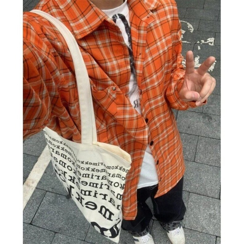 美式复古橙色格纹长袖衬衫女春秋小众设计感宽松休闲，男装衬衫，星座716-2