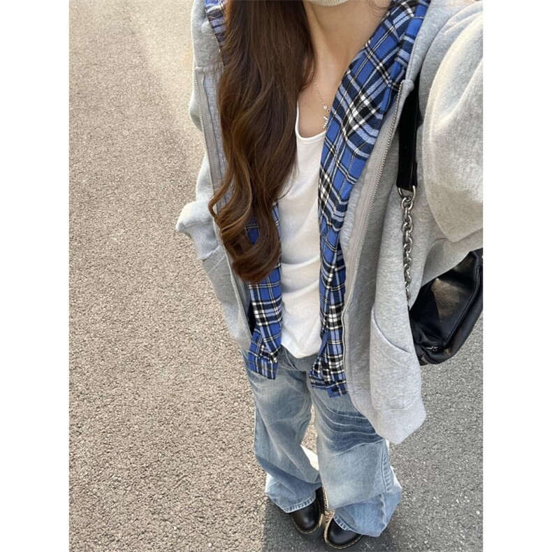 蓝色格子双层连帽卫衣男春秋季潮牌美式小众设计感假两件开衫外套,男装卫衣,星座1007（原301D）