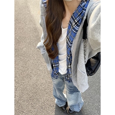 蓝色格子双层连帽卫衣男春秋季潮牌美式小众设计感假两件开衫外套，男装卫衣，星座1007（原301D）