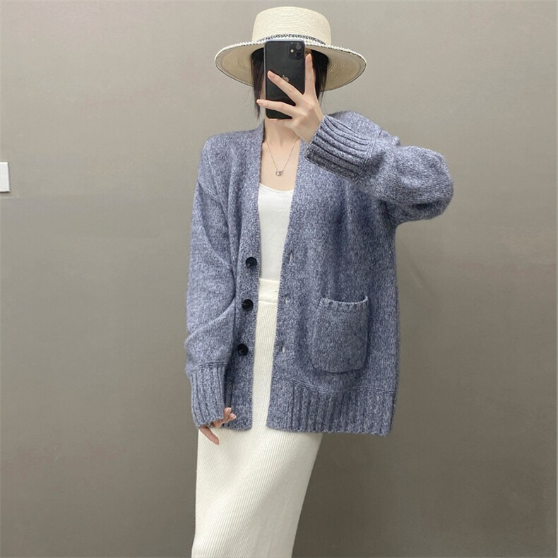 秋冬康赛花纱纯山羊绒开衫女中长款毛衣加厚宽松慵懒V领针织外套,女装羊绒衫,织绒羊