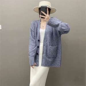 秋冬康赛花纱纯山羊绒开衫女中长款毛衣加厚宽松慵懒V领针织外套图片