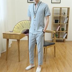 夏季中国风套装男大码宽松提恤男棉麻t恤复古风短袖衣服TZ019-P50，男装T恤，星座509