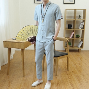 夏季中国风套装男大码宽松提恤男棉麻t恤复古风短袖衣服TZ019-P50图片