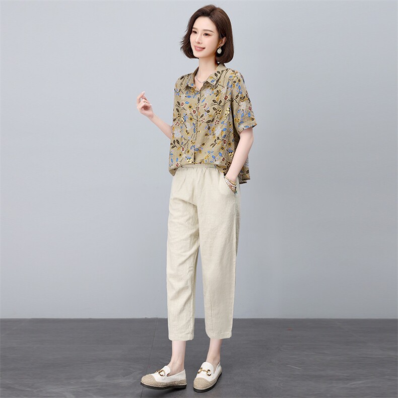 时尚印花衬衫棉麻套装女2025夏季新款中年妈妈洋气减龄亚麻两件套,女装套装/套裙,依恋蒂丝