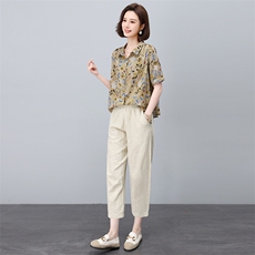 时尚印花衬衫棉麻套装女2025夏季新款中年妈妈洋气减龄亚麻两件套，女装套装/套裙，依恋蒂丝