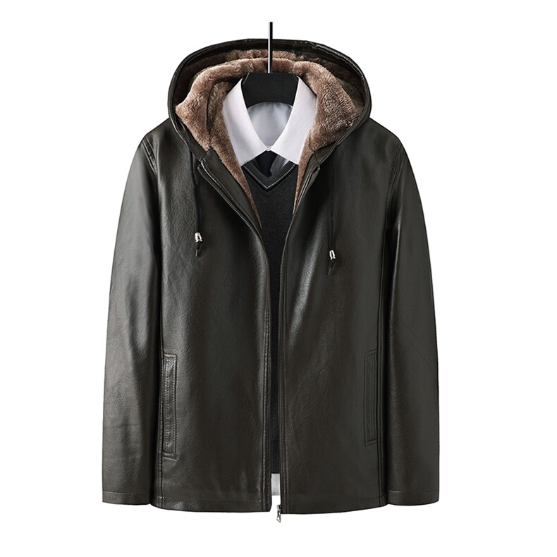皮衣男中老年爸爸装春秋冬季连帽机车皮夹克男士加绒外套，男装羽绒服，电商B212（原钱塘6029）