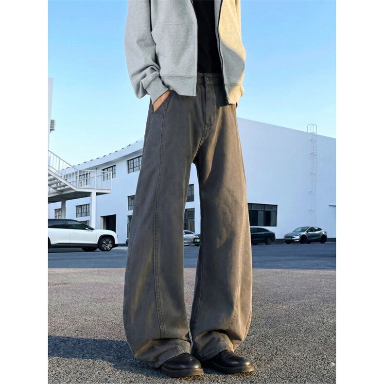 纯棉水洗棉牛仔裤弯刀男春夏新款设计感宽松阔腿拖地退洗棉长裤,男装牛仔裤,星座302A-2