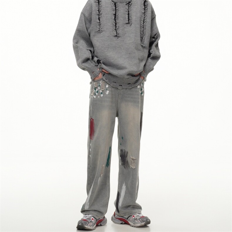 新款港风美式高街设计感小众破洞泼漆休闲牛仔裤，男装牛仔裤，星座410-6（原星座1304-1）