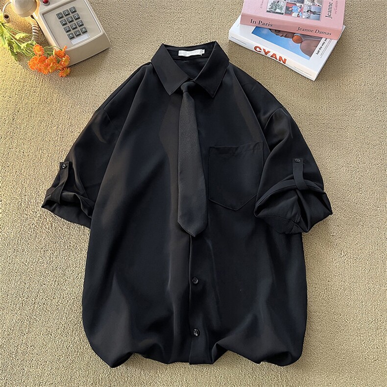 M-8XL领带衬衫短袖特大码垂坠感夏季冰丝外套DK制服衬衣DC5005P45,男装衬衫,电商B238