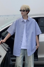 B221美式ins高街宽松薄款条纹短袖衬衫SY2552-特P28控49，男装衬衫，电商B221