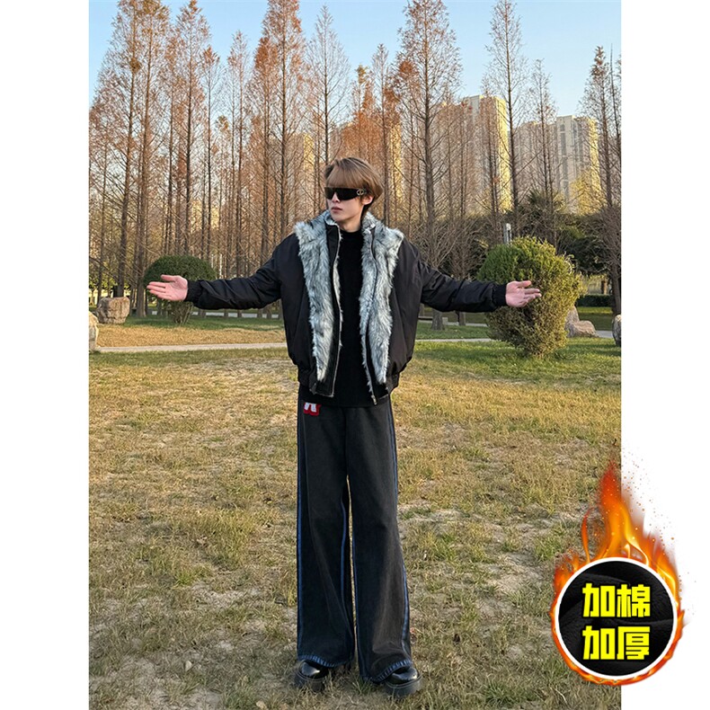 现货高品质美式高街重磅狼王座山雕毛毛领假两件棉衣加厚棉服外套，男装棉衣，电商A486-1