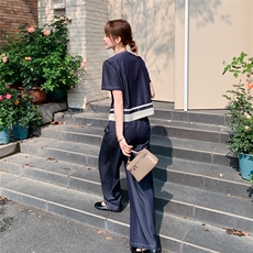 深蓝色蕾丝拼接短袖上衣阔腿裤套装女2025夏新款韩系慵懒风两件套，女装套装/套裙，2C177