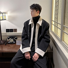 撞色毛呢高级感双拉链秋冬外套美式潮牌小短款拼接呢夹克876P115，男装夹克，电商A458A