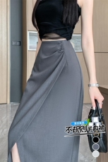 高腰西装半身裙女夏季2024新款遮肚显瘦中长款开叉包臀a字裙，女装半身裙，梦白服饰厂