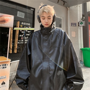 大码pu皮衣夹克钢印美式女复古oversize显瘦设计感情侣机车外套秋图片