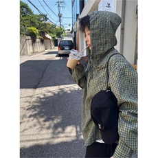 慵懒风绿色格子衬衫高级感美式复古衬衣连帽格纹衫CS037特P56，男装衬衫，星座908-1