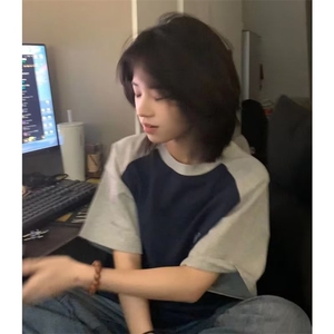 美式街头撞色拼接短袖t恤宽松oversize学院风领口包边 CJ03 P30图片
