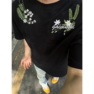 网图有货 美式花卉刺绣短袖T恤男女潮牌设计复古夏季体恤A414-P35图片