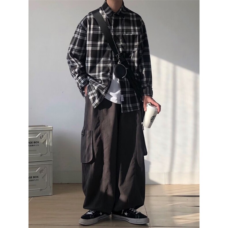 日系格子衬衫男长袖秋季新款潮流百搭青少年休闲宽松工装衬衣外套,男装衬衫,星座506A