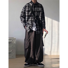 日系格子衬衫男长袖秋季新款潮流百搭青少年休闲宽松工装衬衣外套，男装衬衫，星座506A