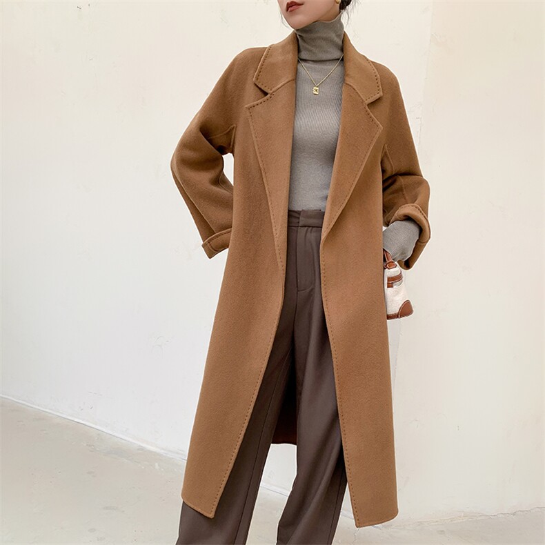 翻领双面羊绒大衣女中长款2024新款秋冬毛呢外套,女装双面呢大衣,鹿展羊绒大衣