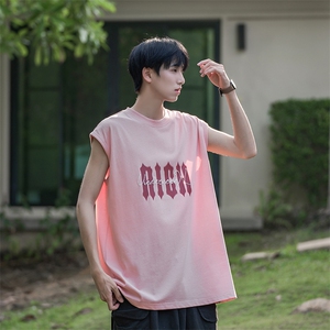 无袖背心美式坎肩短袖复古夏季ins宽松男装T恤B225-T9226-P35-X48图片